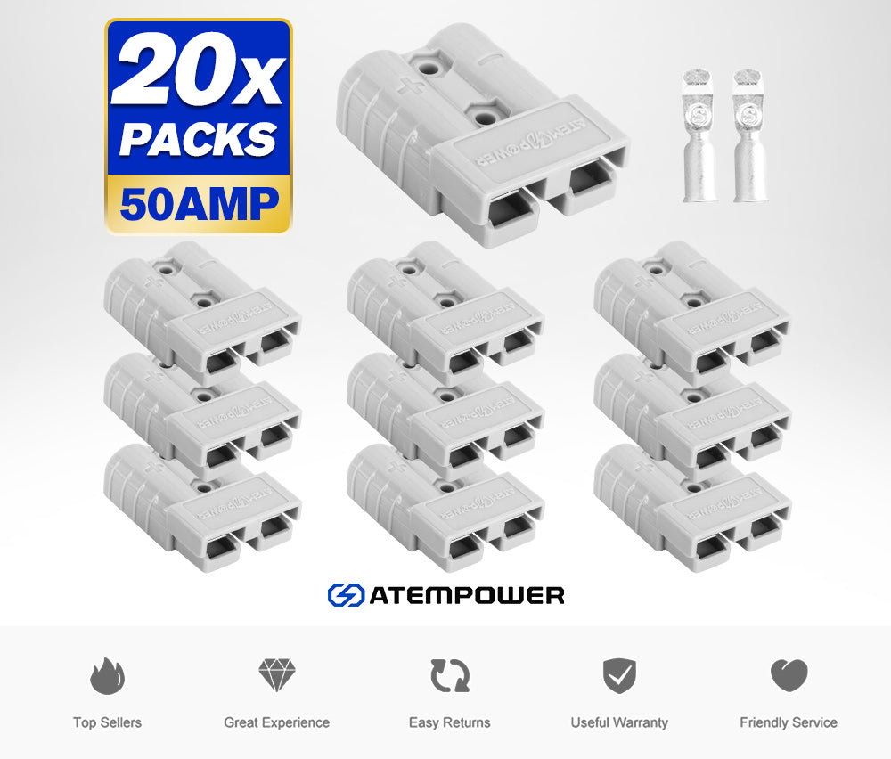20 Stks Anderson Connector – 50A – 12-24V – 6AWG – Dubbelpolig – Met Koperen Contacten – Krimp- Of Soldeerbaar – Grijs – Betrouwbaar